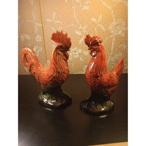 Borghese vintage red rooster and hen  statue pair ceramic 10 inch
